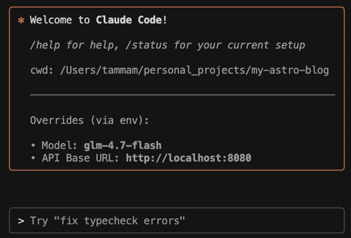 Claude Code running with GLM-4.7 Flash via llama.cpp