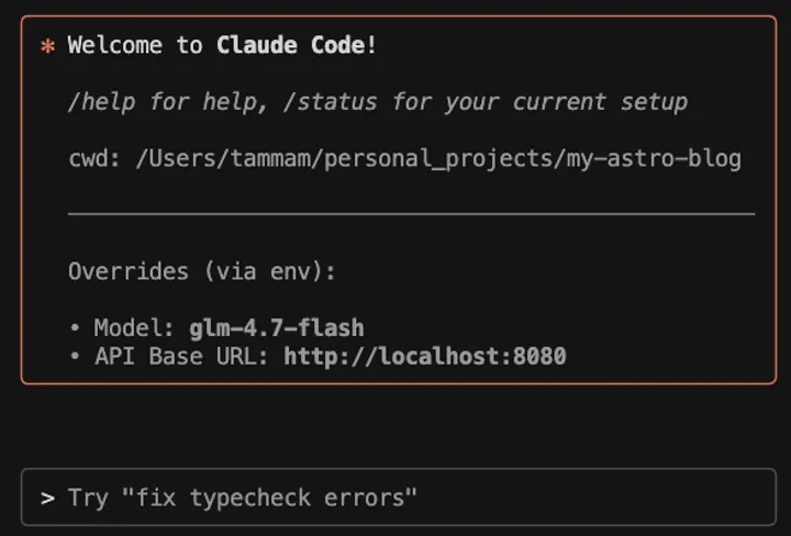 Claude Code running with GLM-4.7 Flash via llama.cpp